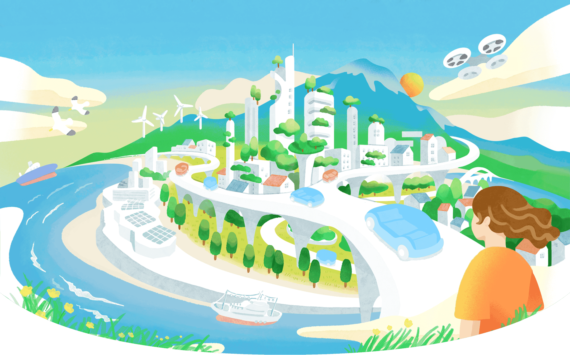 持続可能な未来を創る山陰の風景イラスト